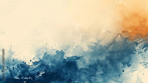 Abstract watercolor paint background flows and splashes of blue and golden with splashes. Liquid fluid texture for backdrop.