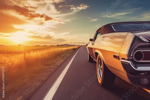 Classic old american car on the road at sunset. A classic car cruising down an open road against a picturesque sunset backdrop.