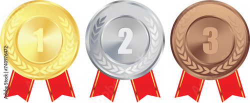 Winner Gold Medal First to third, First, Second, third, Silver medal, Bronze Medal, With Red Ribbon, Competition Medal, Trophy for champions