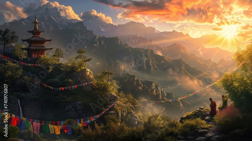 Sunrise illuminates a Himalayan temple and vibrant prayer flags, with the majestic snow-capped mountains creating a breathtaking backdrop. A tranquil monastery high in the mountains. Resplendent. photo