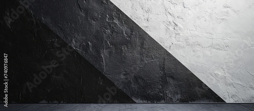 A monochrome photograph of a building material wall with a composite material diagonal stripe running down it, creating a dynamic contrast of black and white