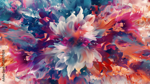 explosion of abstract flowers, where each bloom is a fusion of digital and watercolor textures in a riot of colors.