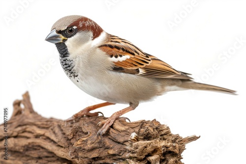 House sparrow, passer domesticus, sitting on wood isolated on white background. Brown and white bird looking on branch cut out on blank. Little featered animal observing on tree