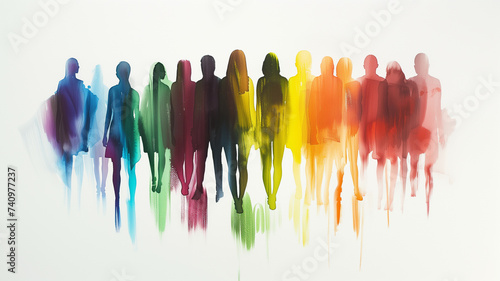 watercolor design of standing people silhouettes filled with a spectrum of multicolored stripes against a white background.