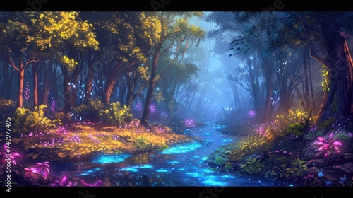 An enchanted forest with magical creatures, glowing plants, ancient trees, a hidden fairy village, mystical ambiance. Resplendent. © Summit Art Creations