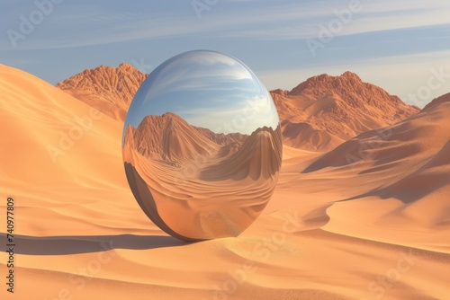 mirror sculptures in the desert, geometric shapes	