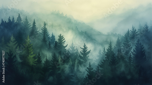 A watercolor depiction of a foggy forest at dusk, with green pines shrouded in mist. © CtrlN