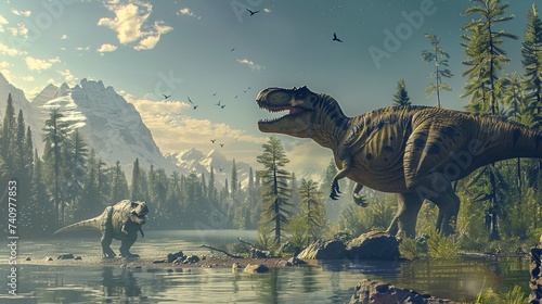 In a digital painting style. A tyrannosaurus taking care of its young by a river photo