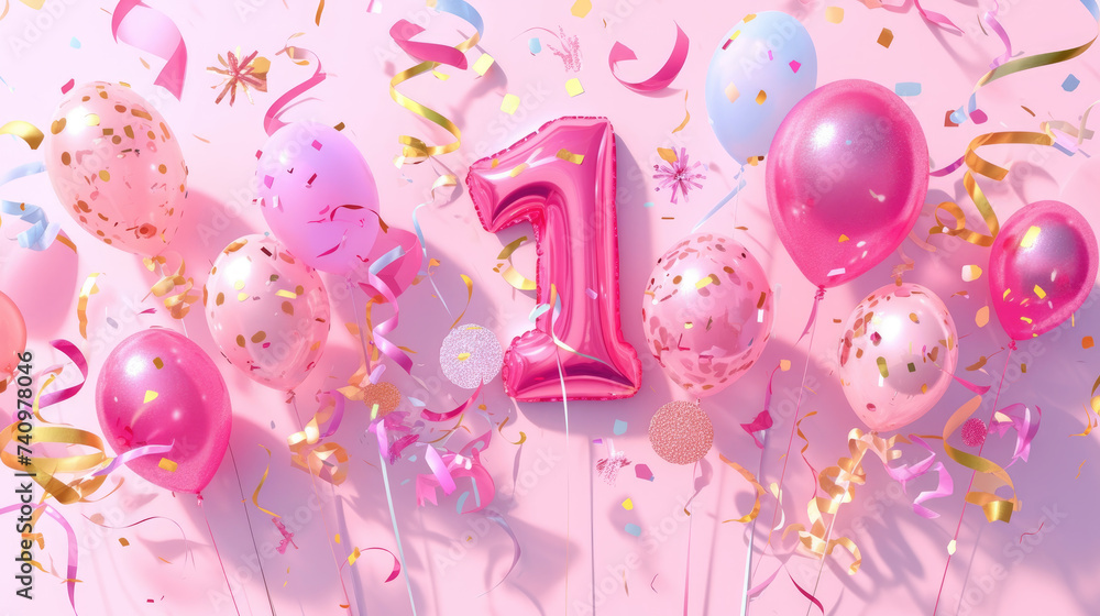 Balloons and decor. The child's birthday is 1 year old. - obrazy, fototapety, plakaty 