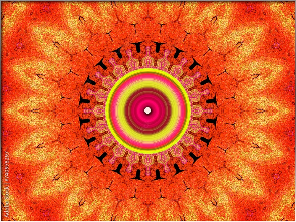 Abstract, Circular Yellow and Orange Design, with Patterns, and a 3d Central Swirl, within a Border
