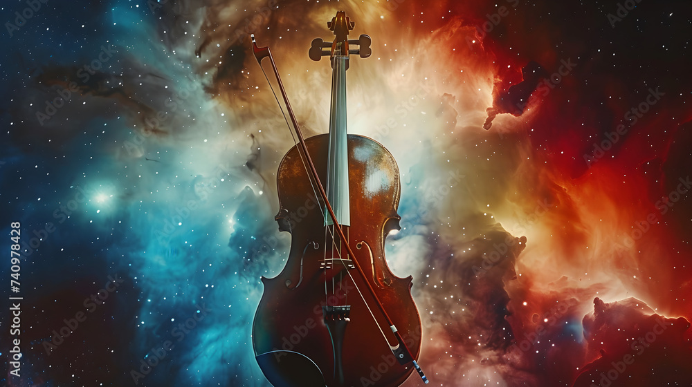 Imagine a world where ethereal beings play musical,
A close up of a violin with a colorful background