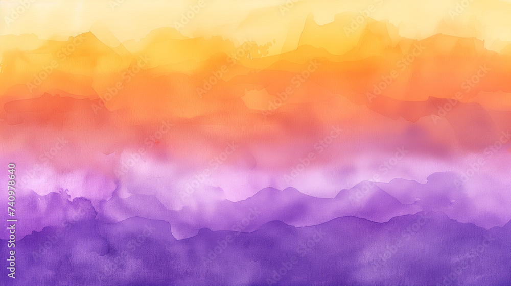 A watercolor canvas portraying an abstract sunset sky, where washes of orange and purple intermingle, creating a vibrant yet soothing backdrop.