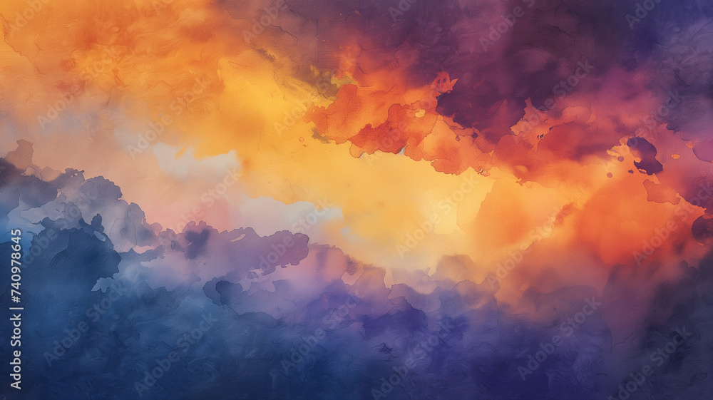 A watercolor canvas portraying an abstract sunset sky, where washes of orange and purple intermingle, creating a vibrant yet soothing backdrop.