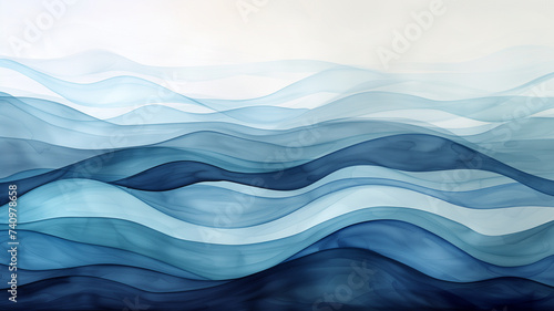 An abstract depiction of stormy seas, with bold strokes of watercolor in a range of blues from icy to midnight blue.