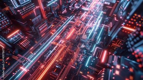 A mesmerizing visual of a circuit board, microchips, and digital lines representing the evolution of AI, neural networking, and cloud computing.