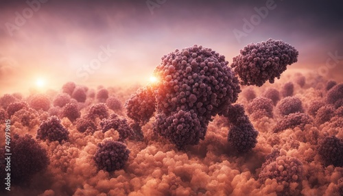 Abstract pathogen illustration. Microscopic view. Infection, disease microbiology concept. Fungal, mold, mushroom, spore, yeast, bacteria, yeast image. 3d rendered style of SEM (TEM).