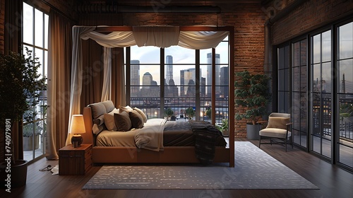 Elegant modern bedroom design with a canopy bed and French doors leading to a private balcony with city skyline views, Scandinavian style