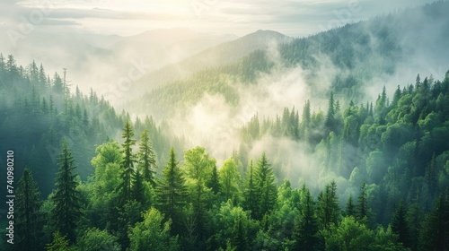 Morning valley with forest and fog view from up. Mystic pine forest in the mountains with mist above trees © Lubos Chlubny
