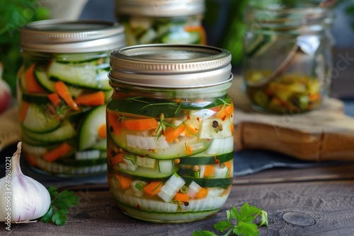 A raw diet with fresh cucumber, peppers, onions and carrots in a jar. Vegan food concept, fermented vegetables