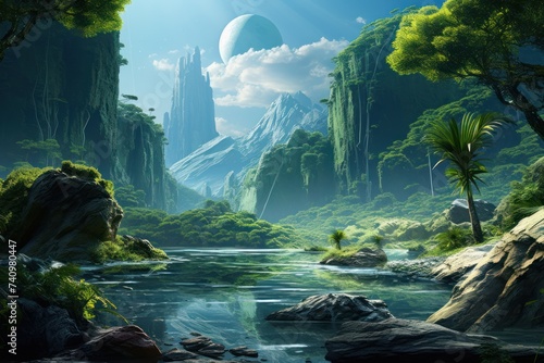 A serene scene of a small habitable exoplanet. Sci-fi alien planet, futuristic imagine of alien planet photo