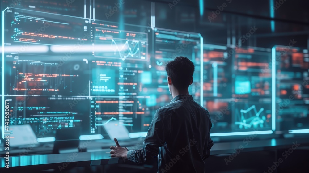 A programmer analyzes code on a transparent screen in a data center, surrounded by servers and digital data streams. AIG41