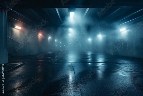 Midnight basement parking area or underpass alley. Wet, hazy asphalt with lights on sidewalls. crime, midnight activity concept. generative AI. photo