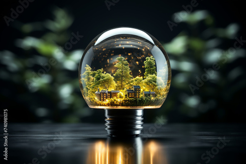 Green city with large trees and modern tall buildings inside light bulb. Concept of sustainable and eco-friendly urban development, where technology and nature coexist in harmony. Generative AI.