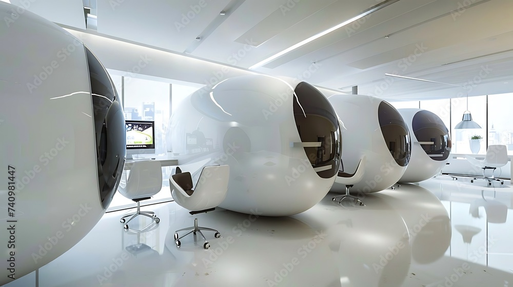 Futuristic office with pod, like workstations and holographic displays, modern office interior design - obrazy, fototapety, plakaty 