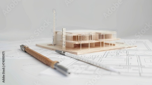 A detailed architectural model on a desk with drawing tools and blueprint rolls. A creative hub for building construction plans.