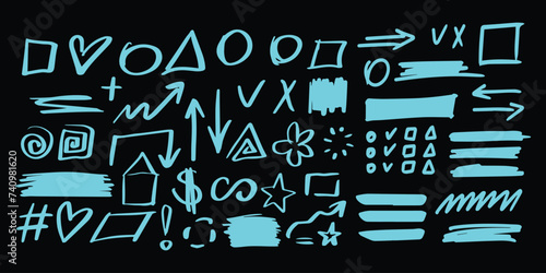 Hand drawn marker highlighters, underline, lines, round, arrows, punctuation marks, tick marks and sketch. Handwritten notes for text or on a school board.