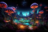 A surreal alien landscape filled with extraordinary. Fantasy world panorama banner with a mushroom on another planet