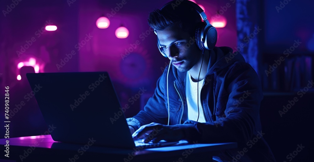 Young man engrossed in gaming on laptop in dimly lit room at night. Young man engrossed in gaming on laptop in dimly lit room at night.