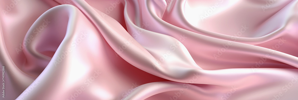 Fototapeta premium Delicate pink background with silk fabric texture, flat folds. Romantic background for your design. Banner