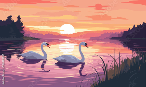 tranquil scene of swans on a lake at dawn vector isolated illustration --ar 5:3 --v
