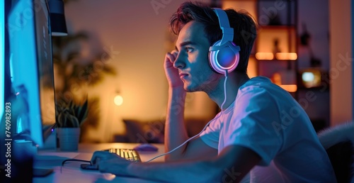 Concentrated gamer adjusts his headphones while engaged in an evening gaming session.