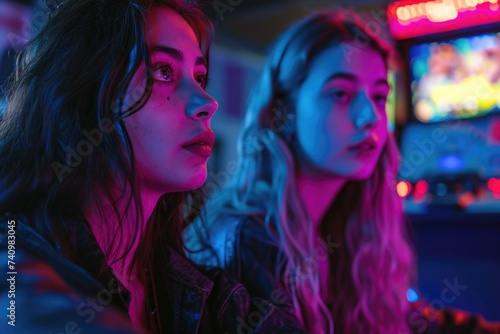 Young Women Engaged in an Intense Video Game Session at Night in an Arcade