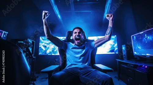 Excited gamer celebrates victory inside a vibrant gaming room at night.