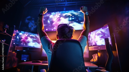 Excited Gamer Celebrates Victory Inside a Vibrant Gaming Room at Night
