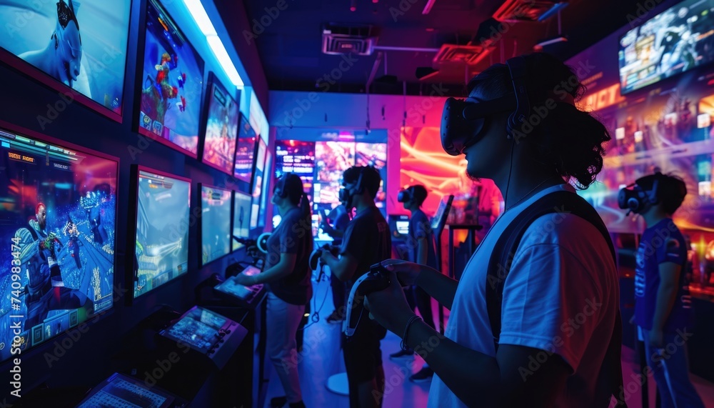 Competitive gamers engage in intense multiplayer match at a gaming arena during nighttime.