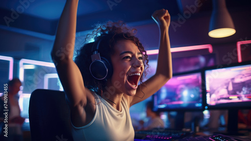 Excited Woman Celebrates Victory at Home Gaming Setup in the Evening