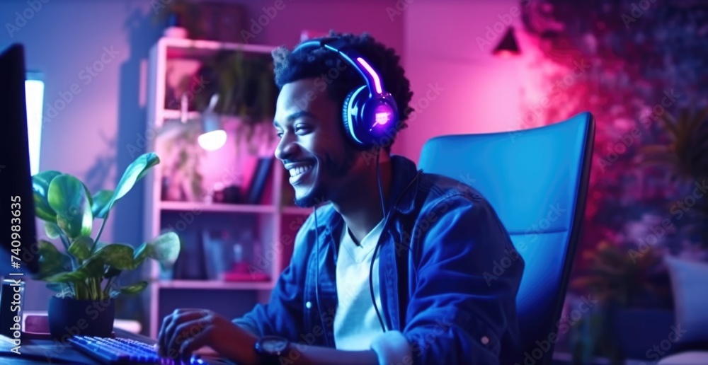 Smiling man with headphones enjoying music in cozy evening home setting.