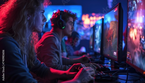 Competitive Gamers Engage in Intense Multiplayer Match at a Gaming Arena During Nighttime