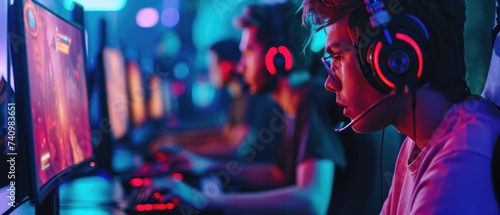 Enthusiastic Gamers Engaged in an Intense Gaming Session at a Neon-Lit Cybercafe