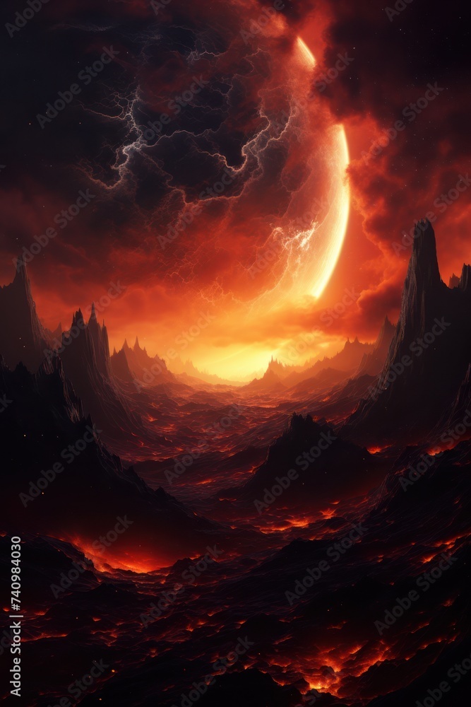 Surreal space scene featuring a planet with volcanoes Surreal space scene featuring a planet with volcanoes