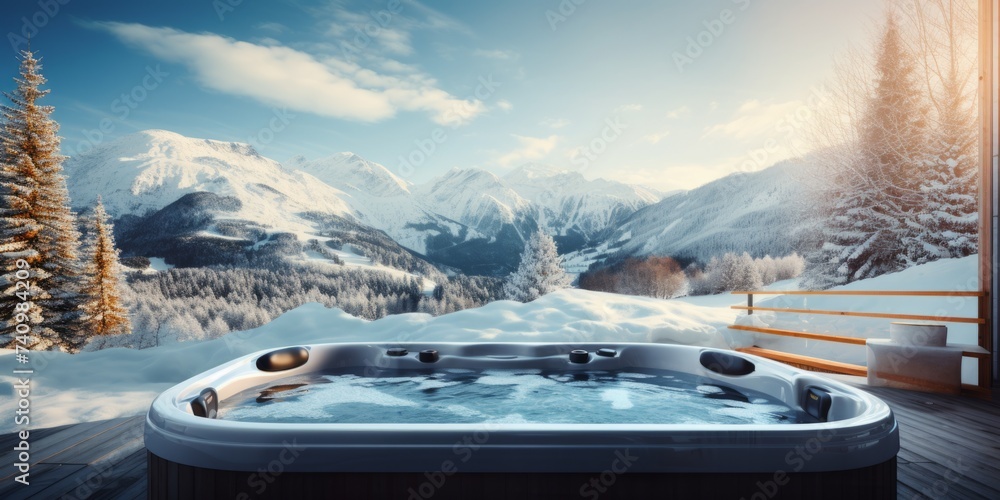 outdoor jacuzzi against the backdrop of winter mountains Generative AI - obrazy, fototapety, plakaty 