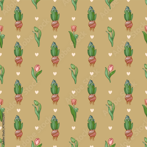 Seamless pattern with garden flowers and hearts on a beige background.