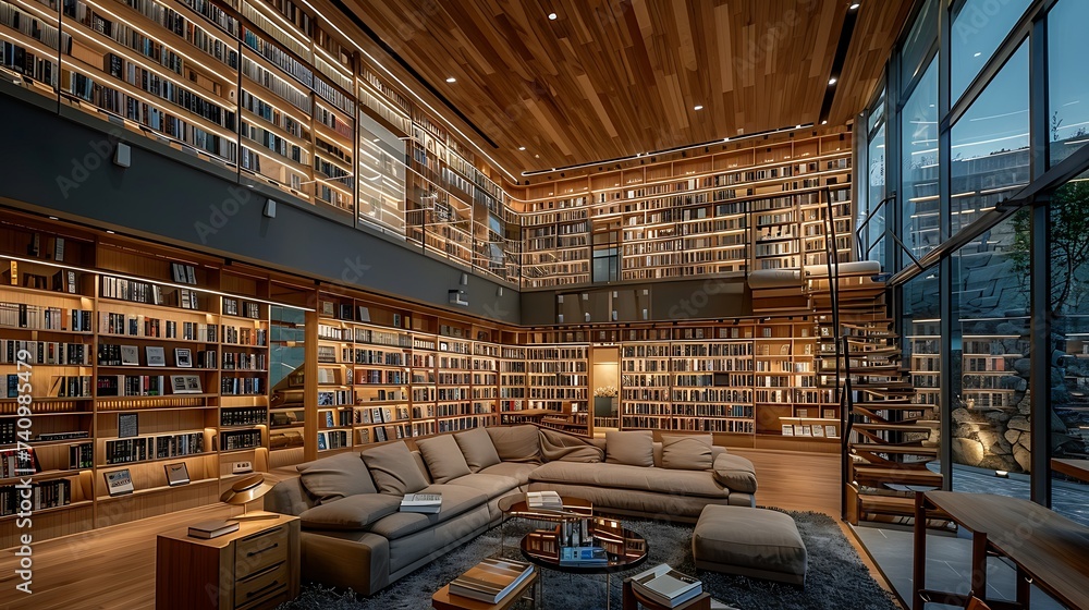 Modern library inspired office with floor, to, ceiling bookshelves and ...