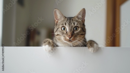 A hilarious cat displaying a poster on a blank web banner template, offering ample copy space for creativity. © pvl0707
