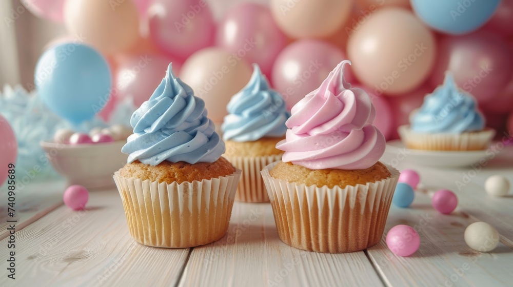 Sweet pastel pink blue baby shower cupcakes on birthday party blurred background. Card, poster, copy space. Gender reveal, it is a boy or girl concept. Generative ai
