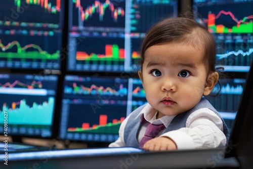 child in the office in front of stock charts, never too early for financial planning
